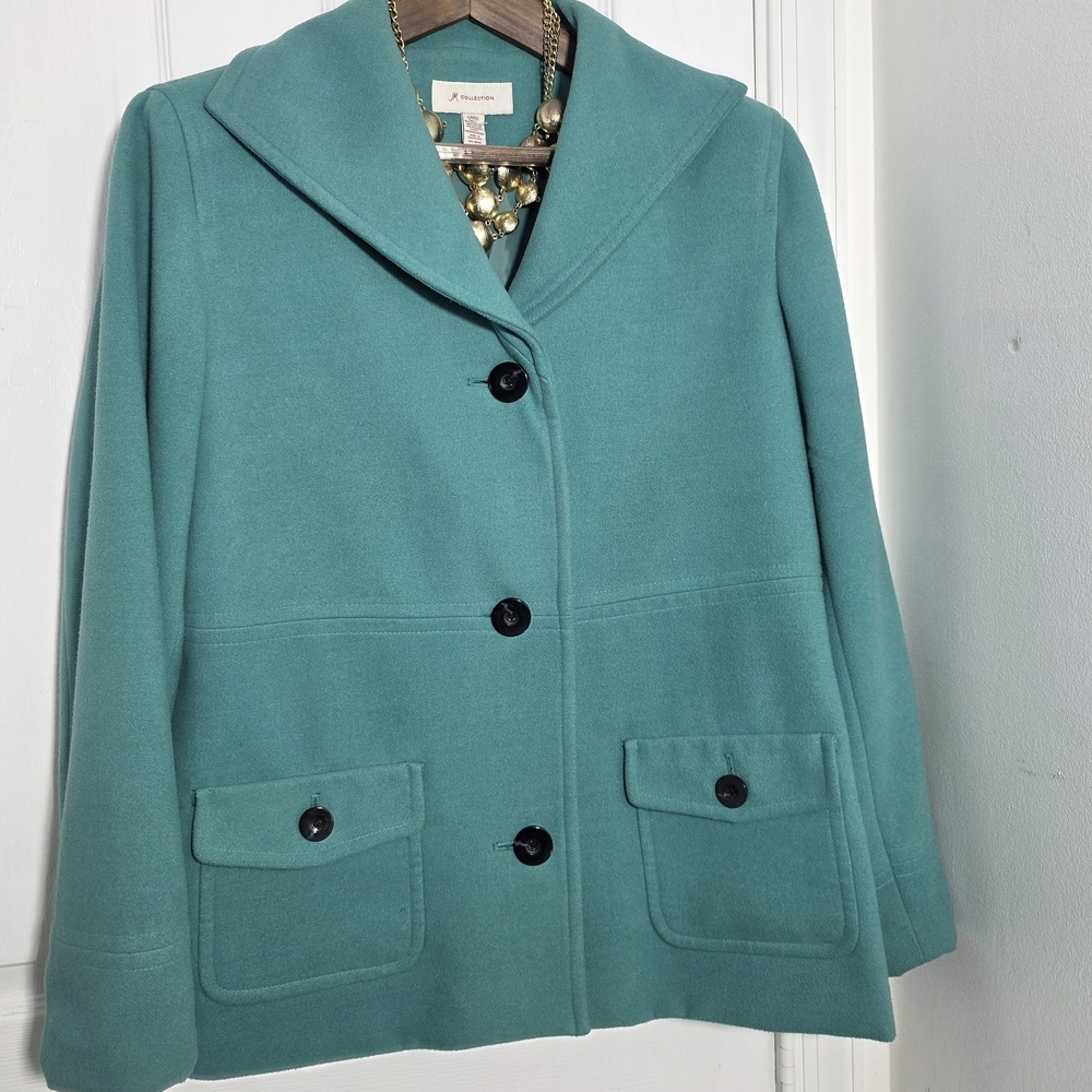 JM Collection TEAL Pea Coat with Single Breast Black Buttons Large PTP 20"